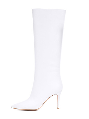 ホワイト レディース ミッドカーフブーツ バーガンディ ポインテッドトゥ スティレットヒール パーティーブーツ