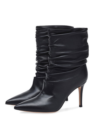 ブラック 女性の前かがみのブーツ先のつま先ハイヒールの足首ブーツ