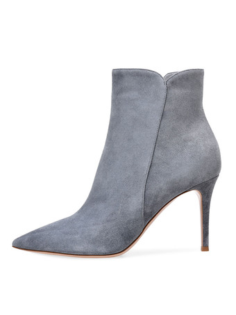 グレイ女性のハイヒールブーティースエードポイントトゥースティレットヒールアンクルブーツ