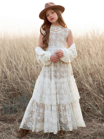 アイボリー ボヘミアン レース フラワーガールドレス ジュエルネック ノースリーブ 女の子 バースデードレス