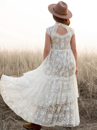 アイボリー ボヘミアン レース フラワーガールドレス ジュエルネック ノースリーブ 女の子 バースデードレス