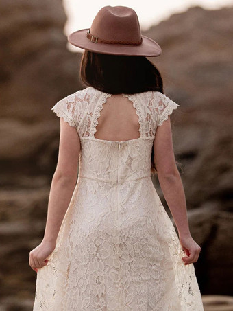 アイボリー ボヘミアン レース フラワーガールドレス ジュエルネック 半袖 女の子 バースデードレス