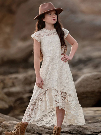 アイボリー ボヘミアン レース フラワーガールドレス ジュエルネック 半袖 女の子 バースデードレス
