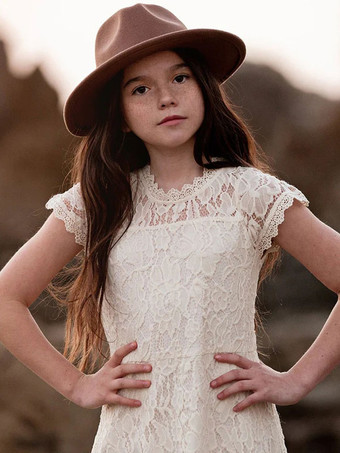 アイボリー ボヘミアン レース フラワーガールドレス ジュエルネック 半袖 女の子 バースデードレス