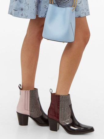 Stivaletti con tacco grosso da donna in vernice ricamata in PU con punta tonda