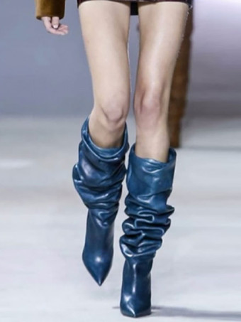 ブルー ブラックスラウチブーツポインテッドトゥスティレットヒールミッドカーフブーツ女性用