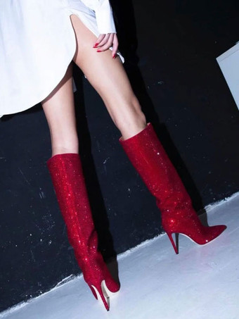 レッド ハイヒールワイドカーフブーツ女性ラインストーンポインテッドトゥスティレットニーハイブーツセクシーなパーティーシューズ