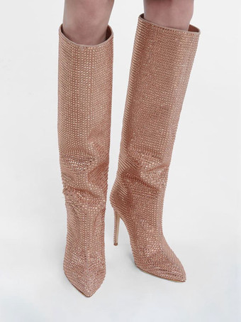 ハイヒールワイドカーフブーツ女性ラインストーンポインテッドトゥスティレットニーハイブーツセクシーなパーティーシューズ