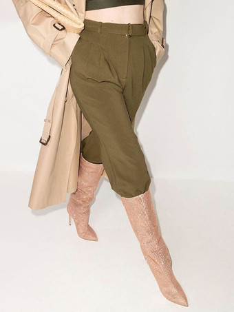 ハイヒールワイドカーフブーツ女性ラインストーンポインテッドトゥスティレットニーハイブーツセクシーなパーティーシューズ