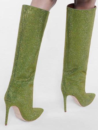 ハイヒールワイドカーフブーツ女性ラインストーンポインテッドトゥスティレットニーハイブーツセクシーなパーティーシューズ