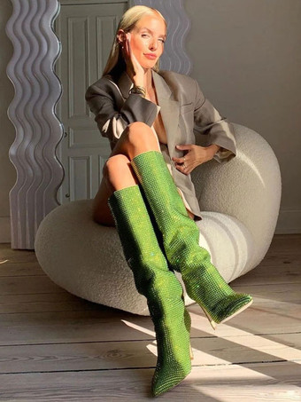 ハイヒールワイドカーフブーツ女性ラインストーンポインテッドトゥスティレットニーハイブーツセクシーなパーティーシューズ