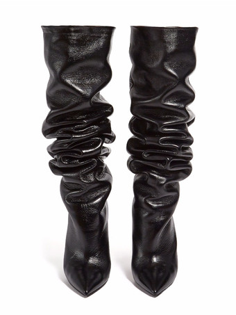 ブラックスラウチブーツポインテッドトゥスティレットヒールミッドカーフブーツ女性用