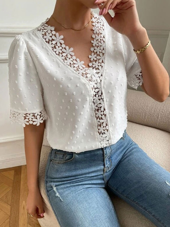 女性用シャツ ホワイト アップリケ Vネック カジュアル 半袖 ポリエステル トップス