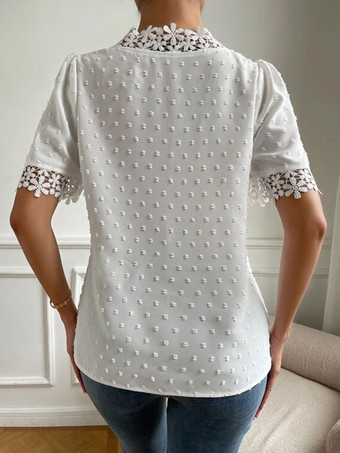 女性用シャツ ホワイト アップリケ Vネック カジュアル 半袖 ポリエステル トップス