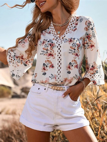 Blouse For Women White V-Neck Casual Floral Print Cut Out Half Sleeves Tops