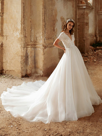 Wedding Dress A-Line With Train V-Neck Short Sleeves Lace Bridal Gowns