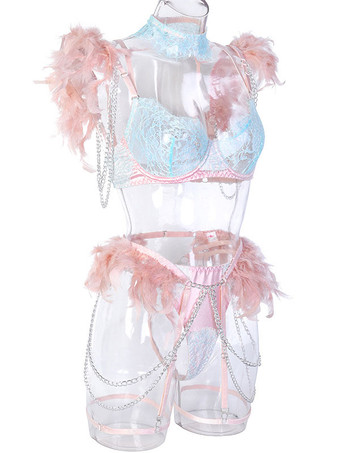 ランジェリー ブラジャー 女性用 ブラ ピンク ポリエステル 3ピース セクシー ホット 下着