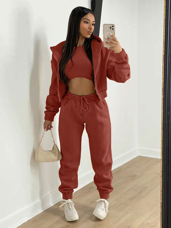 ワインレッド 3 点セット ピンク ポリエステル カジュアル パンツ秋長袖女性のための衣装