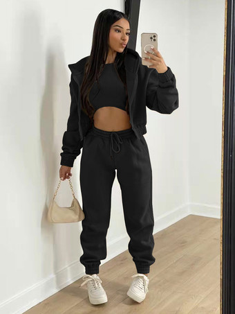 ブラック 3 点セット ピンク ポリエステル カジュアル パンツ秋長袖女性のための衣装