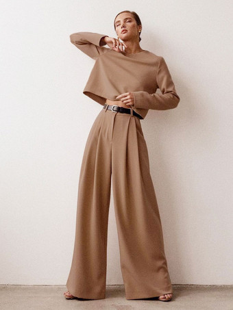 Two Piece Sets Coffee Brown Classic Pants Winter Long Sleeves Jewel Neck Outfit For Women