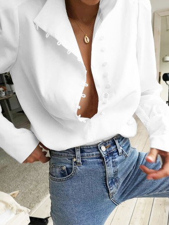 女性用シャツ ホワイト Vネック クラシック 長袖 ポリエステル トップス