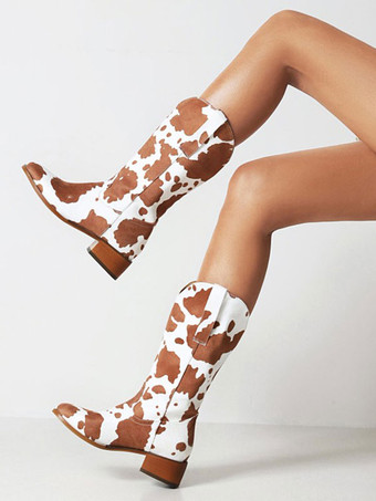 女性のミッド カーフ ブーツ PU レザー ラウンド トゥ カウボーイ ブーツ