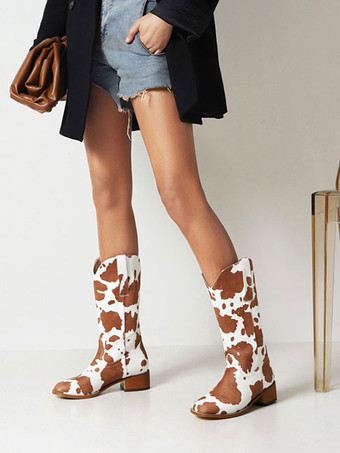 女性のミッド カーフ ブーツ PU レザー ラウンド トゥ カウボーイ ブーツ