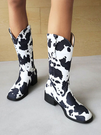 女性のミッド カーフ ブーツ PU レザー ラウンド トゥ カウボーイ ブーツ