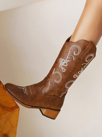 女性用ミッドカーフブーツ PU レザー ラウンドトゥ カウボーイブーツ カウガール ウェディングシューズ