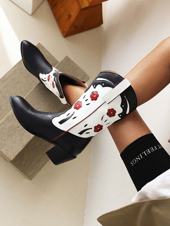 女性のミッドカーフ ブーツ PU レザー ポインテッドトゥ カウボーイ ブーツ子犬ヒール ブーツ カウガールの結婚式の靴