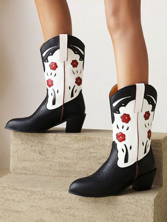 女性のミッドカーフ ブーツ PU レザー ポインテッドトゥ カウボーイ ブーツ子犬ヒール ブーツ カウガールの結婚式の靴