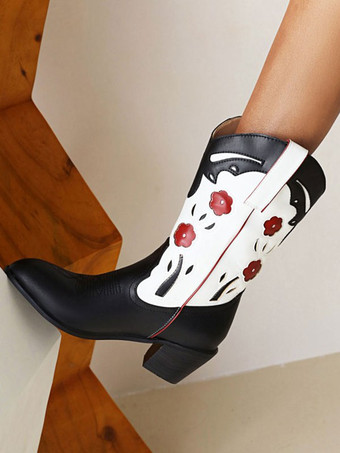 女性のミッドカーフ ブーツ PU レザー ポインテッドトゥ カウボーイ ブーツ子犬ヒール ブーツ カウガールの結婚式の靴