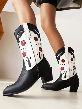 女性のミッドカーフ ブーツ PU レザー ポインテッドトゥ カウボーイ ブーツ子犬ヒール ブーツ カウガールの結婚式の靴