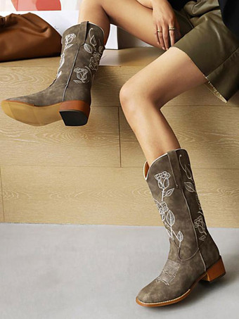 女性のミッドカーフブーツPUレザーラウンドトゥカウボーイブーツ子犬のかかとブーツ