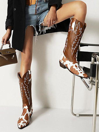 PU レザー ポインテッドトゥ カウボーイ ブーツ パピー ヒール ミッド カーフ ブーツ カウガール ウェディング シューズ