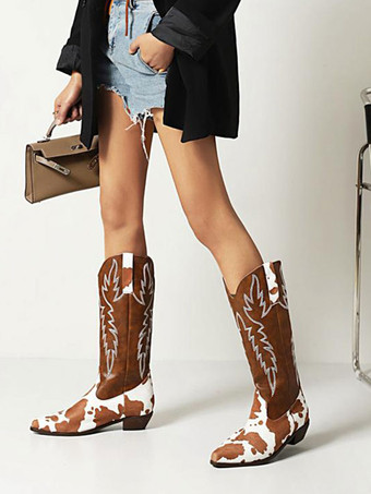 PU レザー ポインテッドトゥ カウボーイ ブーツ パピー ヒール ミッド カーフ ブーツ カウガール ウェディング シューズ