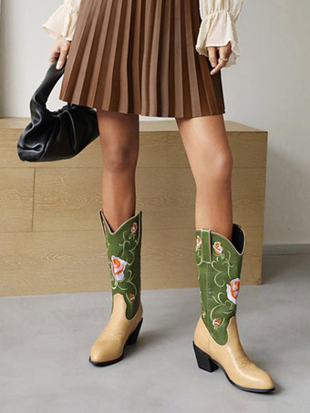 女性のミッドカーフブーツPUレザー先の尖ったつま先カウボーイブーツ子犬のかかとブーツ