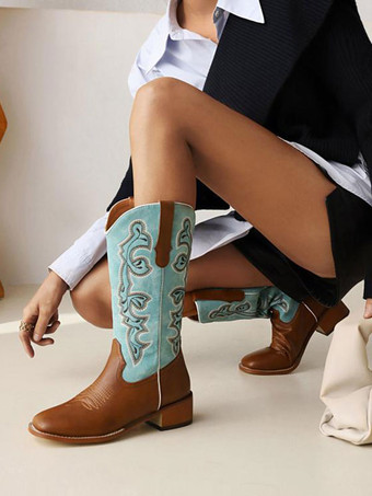 PUレザーラウンドトーカウボーイブーツ子犬のかかと女性用の子牛のブーツ