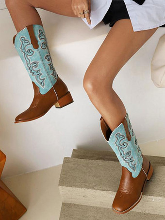 PUレザーラウンドトーカウボーイブーツ子犬のかかと女性用の子牛のブーツ