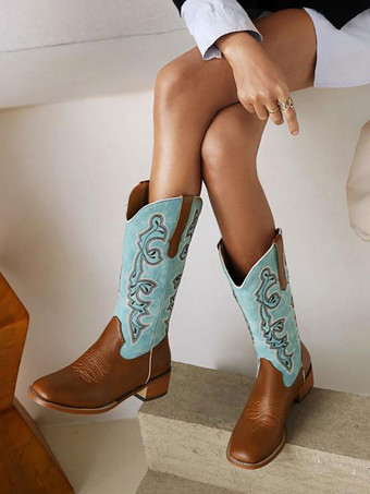 PUレザーラウンドトーカウボーイブーツ子犬のかかと女性用の子牛のブーツ