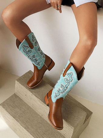 PUレザーラウンドトーカウボーイブーツ子犬のかかと女性用の子牛のブーツ