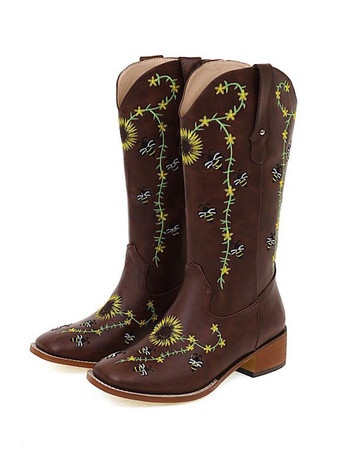 女性のミッドカーフ ブーツ PU レザー ラウンド トゥ カウボーイ ブーツ子犬ヒール ブーツ カウガールの結婚式の靴