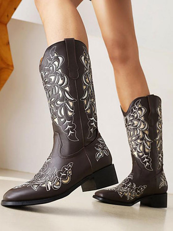 PUレザー ラウンドトゥ カウボーイブーツ パピーヒール ミッドカーフブーツ カウガール ウェディングシューズ