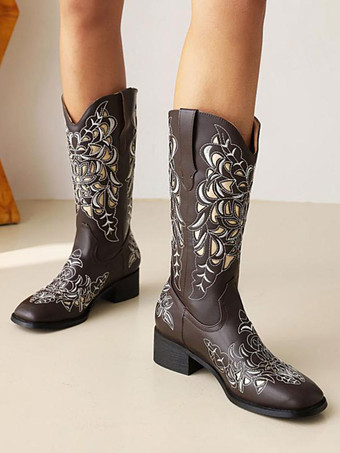 PUレザー ラウンドトゥ カウボーイブーツ パピーヒール ミッドカーフブーツ カウガール ウェディングシューズ