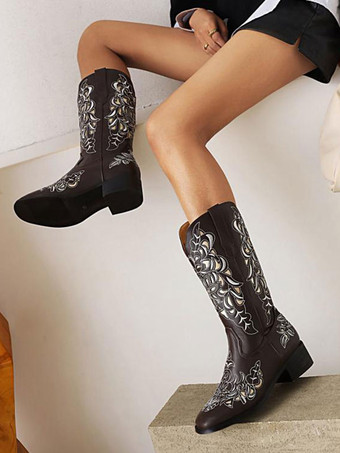 PUレザー ラウンドトゥ カウボーイブーツ パピーヒール ミッドカーフブーツ カウガール ウェディングシューズ