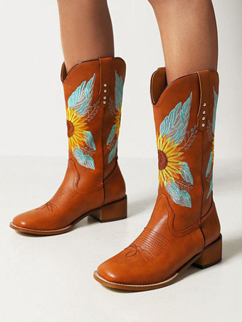 Mittlere Wadenstiefel für Damen aus PU-Leder mit runder Zehe  Cowboystiefel  Cowgirl-Hochzeitsschuhe