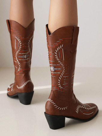 レディースホワイトブーツPUレザーポインテッドトゥミッドカーフカウボーイブーツカウガールウェディングシューズ