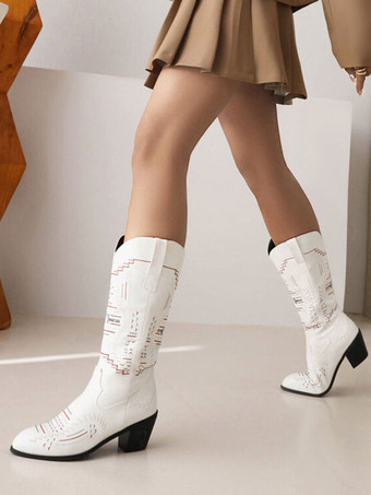 レディースホワイトブーツPUレザーポインテッドトゥミッドカーフカウボーイブーツカウガールウェディングシューズ