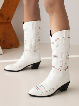 Women's White BootsPU Leather Pointed Toe Mid Calf Cowboy Boots Cowgirl Wedding Shoes
