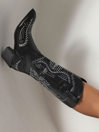 レディースホワイトブーツPUレザーポインテッドトゥミッドカーフカウボーイブーツカウガールウェディングシューズ